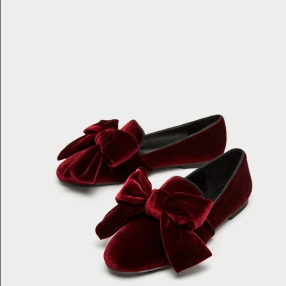 NWOT Zara Burgundy Red Velvet Loafers with Bow - Picture 4 of 7